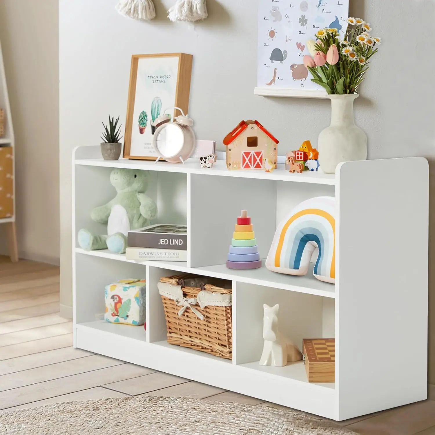 Étagère en bois pour le nettoyage des jouets, bibliothèque à 2 étagères, armoire de rangement à 5 sections, étagère à livres pour tout-petits