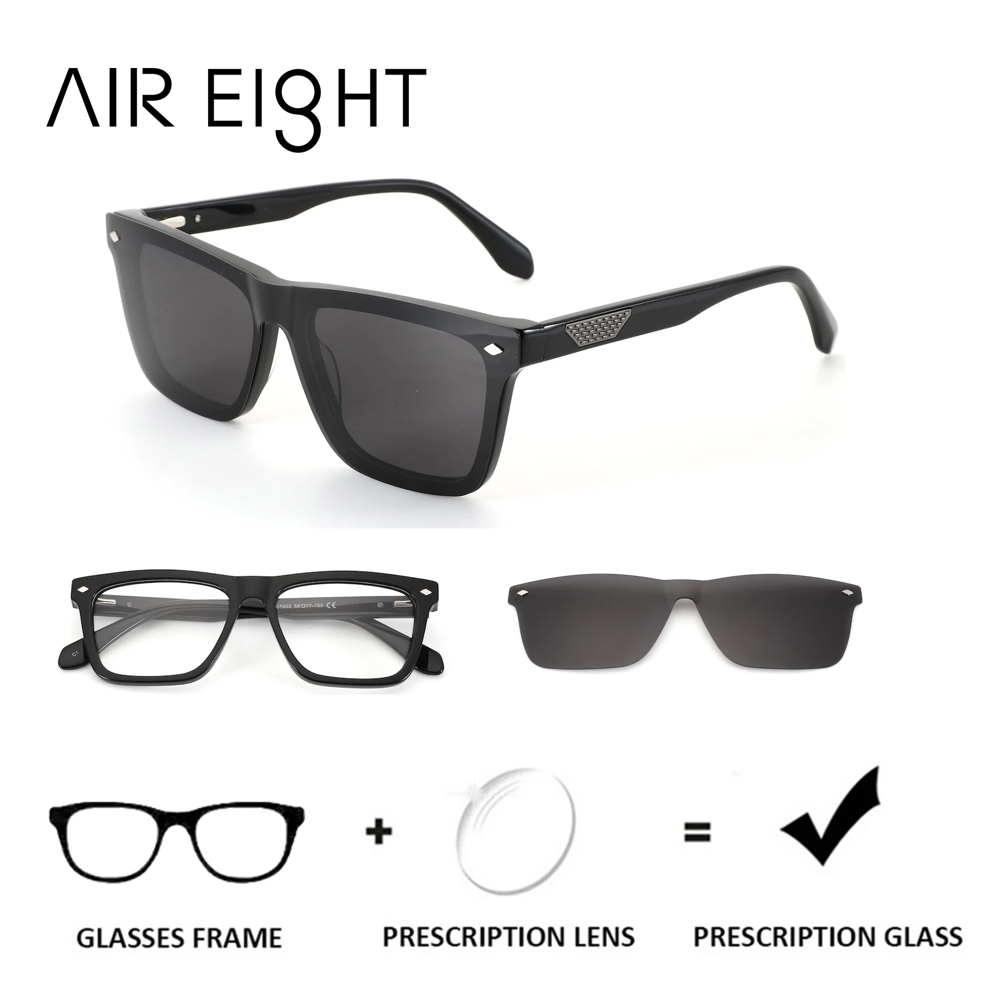 AIR EIGHT Rectangle Acetate Clip on Prescription Glasses For Men Magnetic Polarized Myopia Lenses Photochromic Optical Eyewear