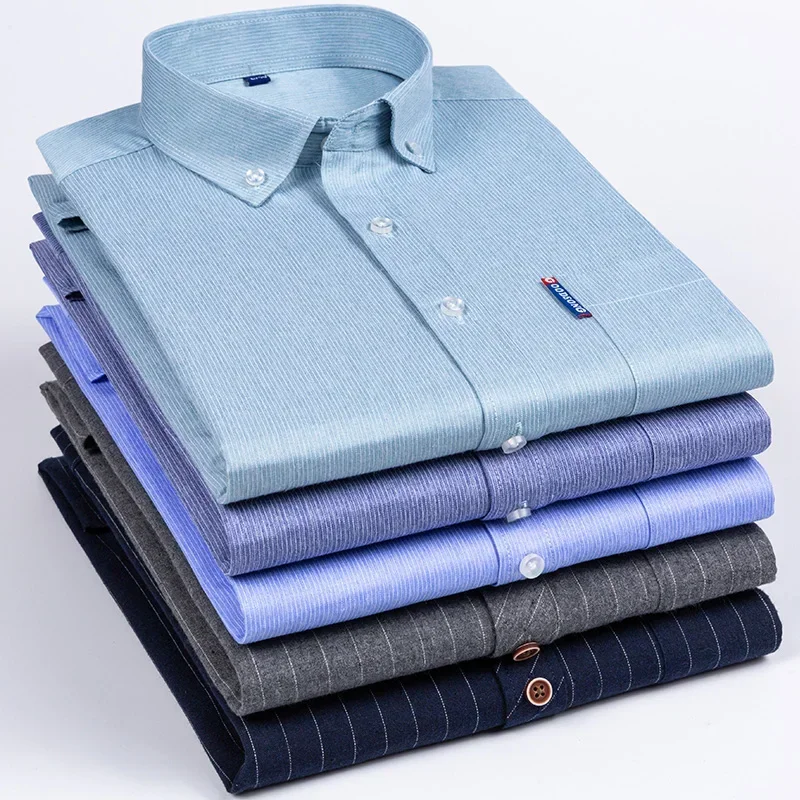 class fit cotton long-sleeve shirts for men slim fit formal plain shirt plaid striped tops single pocket designer clorthes