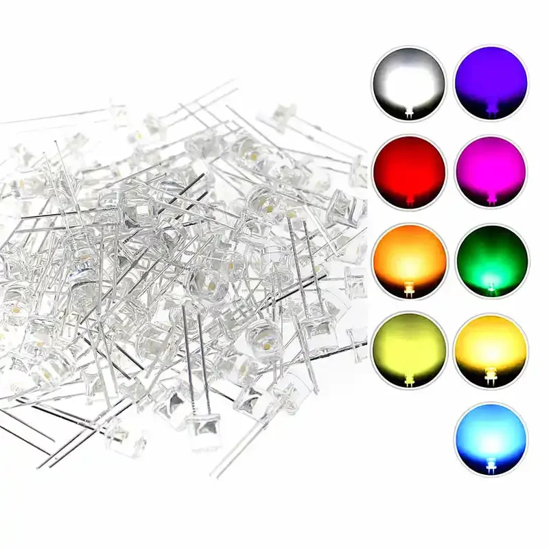 100pcs 5mm LED light emitting diode flat top warm white red blue green orange yellow pink