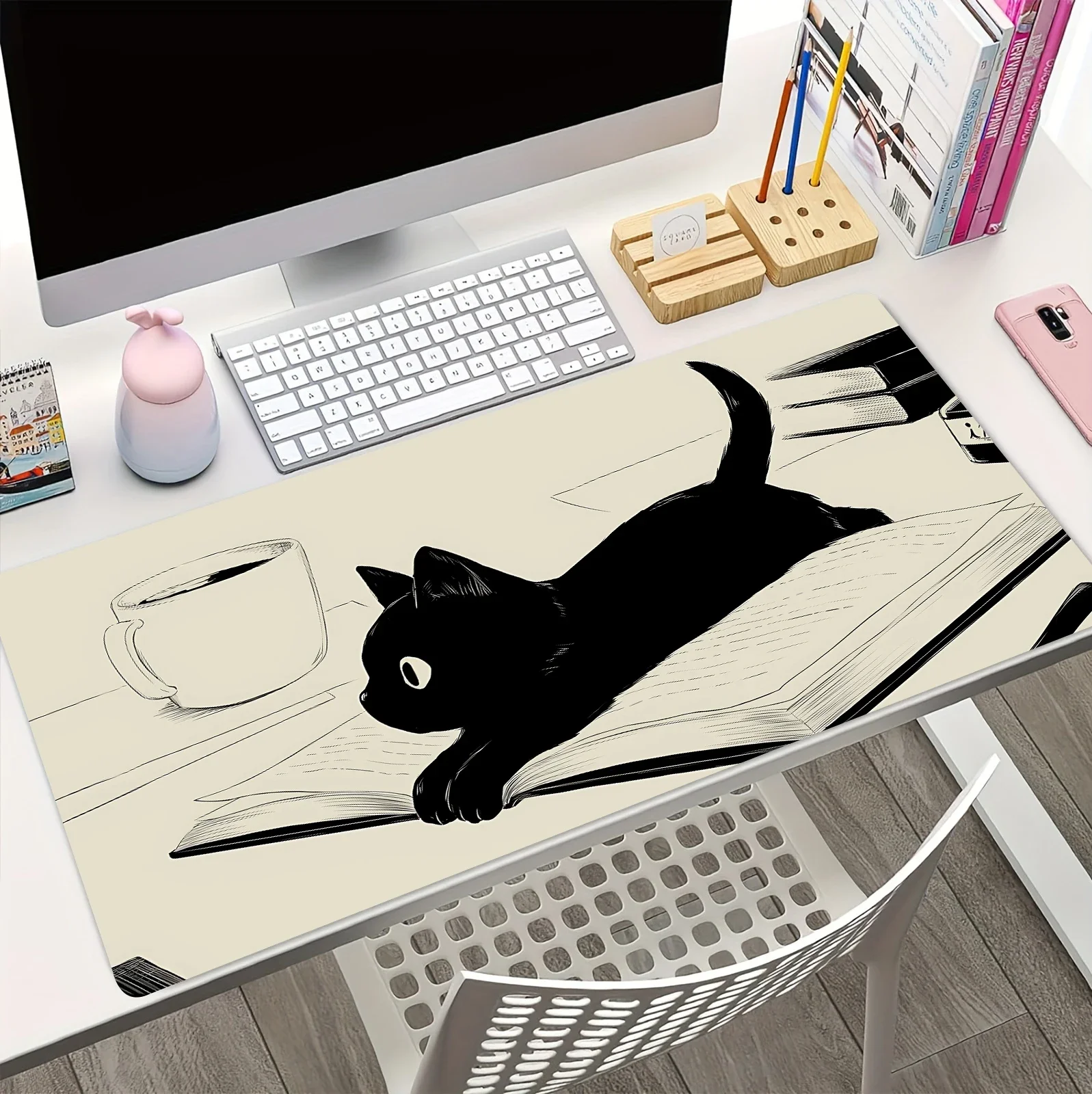 Black Ink Cat Anime Mouspad Large Cute Kawaii table mat  XL Extended Computer Keyboard PadOffice With Anti-Slip Rubber Base pads