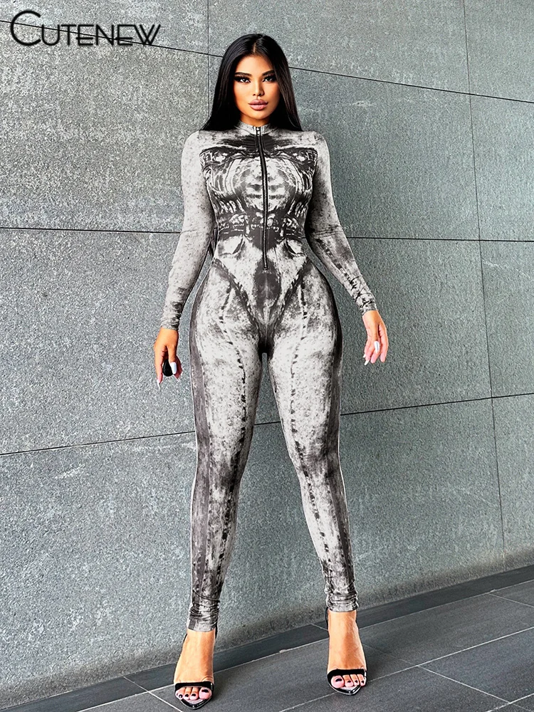 

Cutenew Women's Printed Jumpsuits Sexy Zipper O-neck Full Sleeve One-pieces Pants Slim Overalls Female Party Clubwear Streetwear