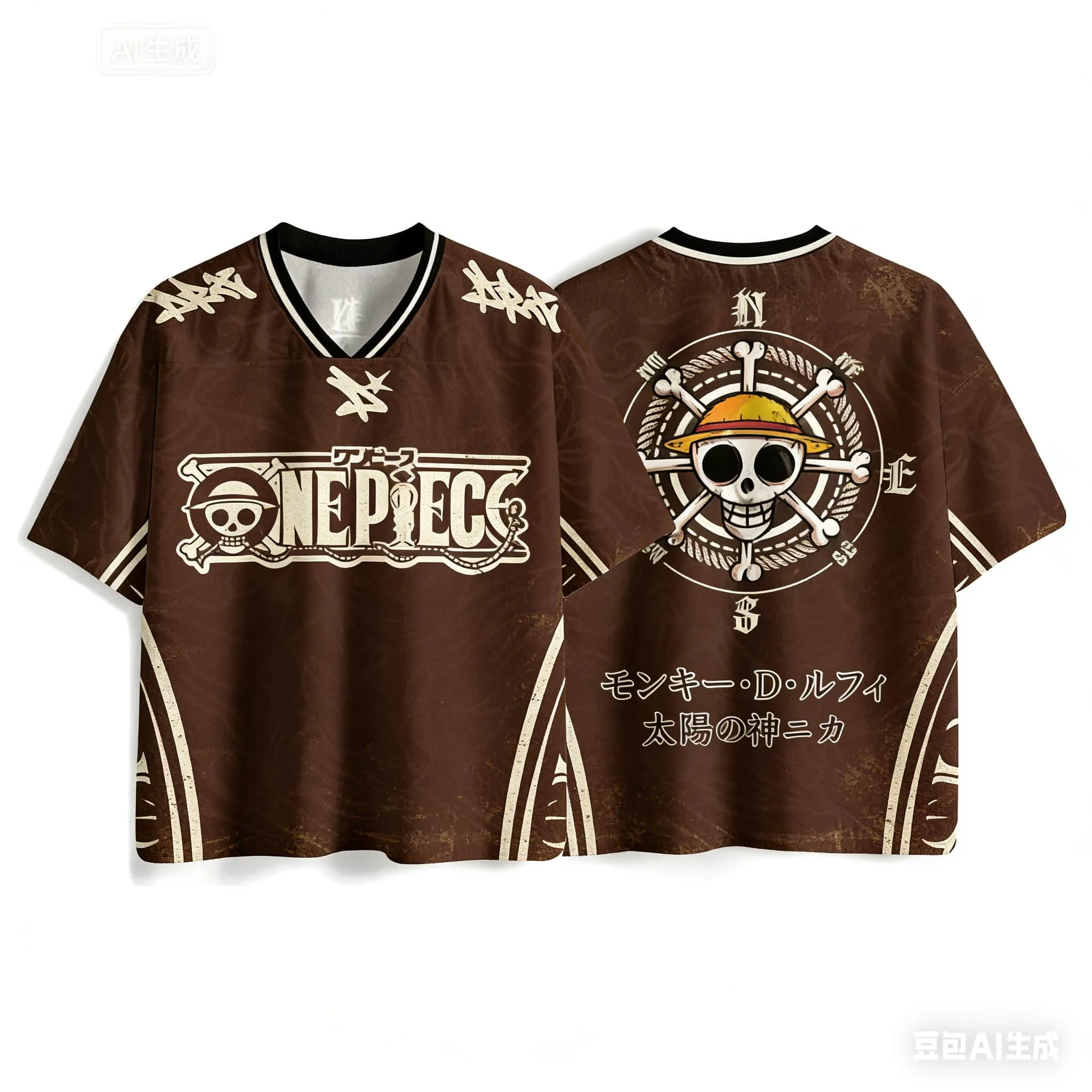 One Piece Luffy Gear 5 Nika Anime-Trikot, Vintage-Kompass-Totenkopf-Print Freizeit-T-Shirt, Schnelltrocknendes Feuchtigkeitsableitendes Oberteil für Erwachsene und Kinder – Detail 4