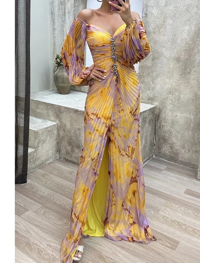 

Sexy Elegant Evening Party Dresses Summer Fashion New Pleated Long Sleeved Off Shoulder Loose Casual Maxi Dress for Women
