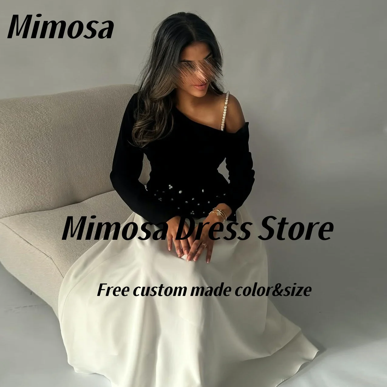 Mimosa 2025 Vestidos de graduación Color de contraste Vestidos Des Noches Mangas largas Fiesta de noche de cuentas Mujeres sauditas Vestidos formales personalizados