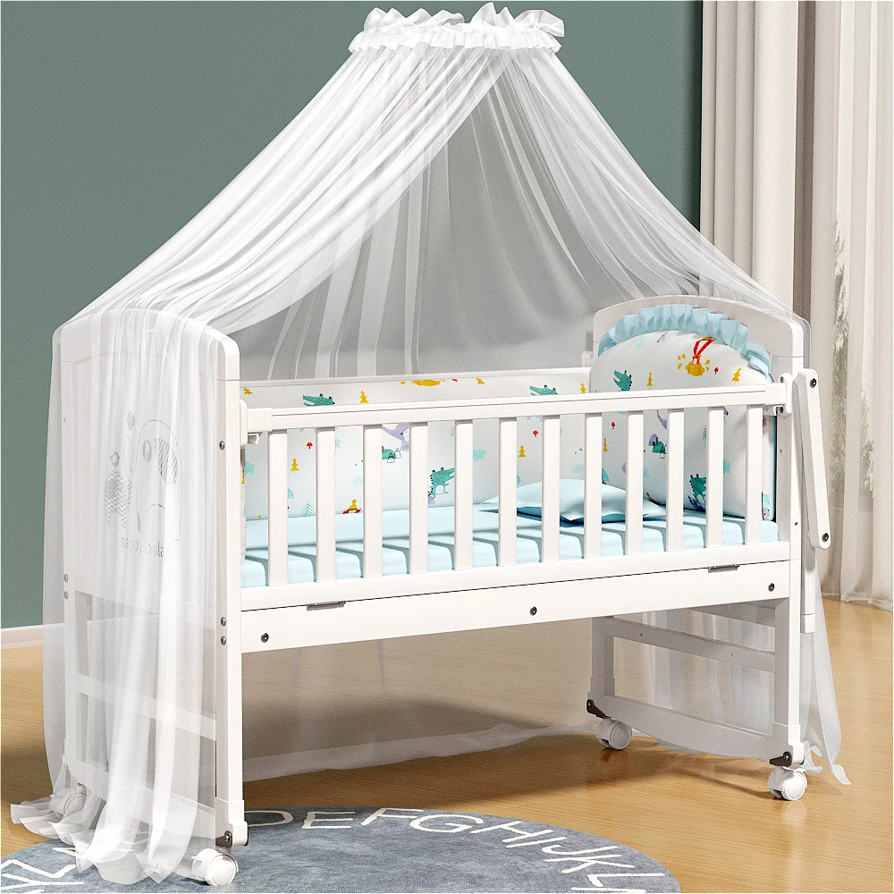 Popular European Style White Solid Wood Baby Crib Bed with Adjustable Wheels for Children's Bedroom