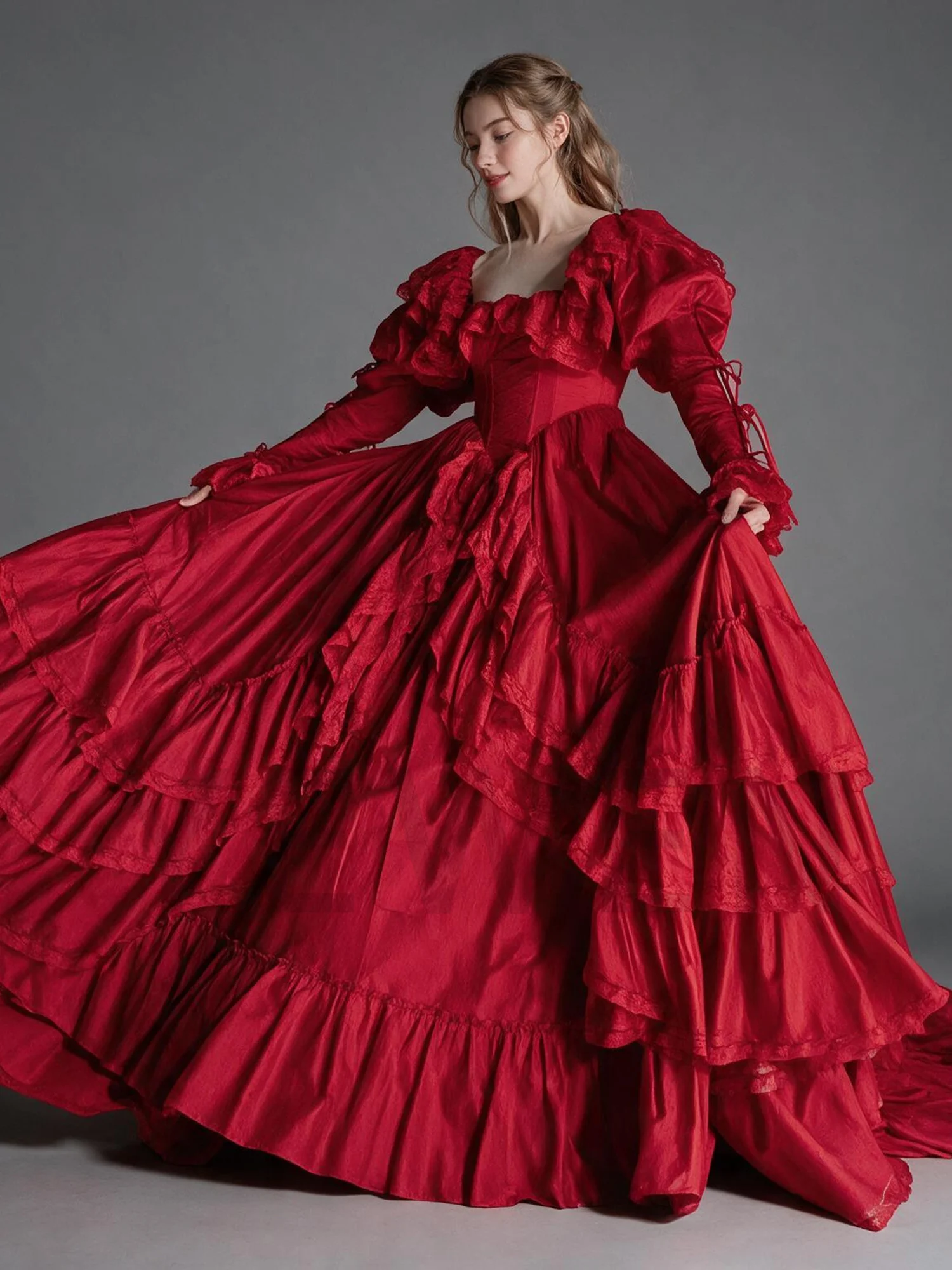 Red Victorian Ball Gown Square Neck Long Puff Sleeve Prom Dress  Corset Tiered Lace Ruffle Princess Gown YW2609298