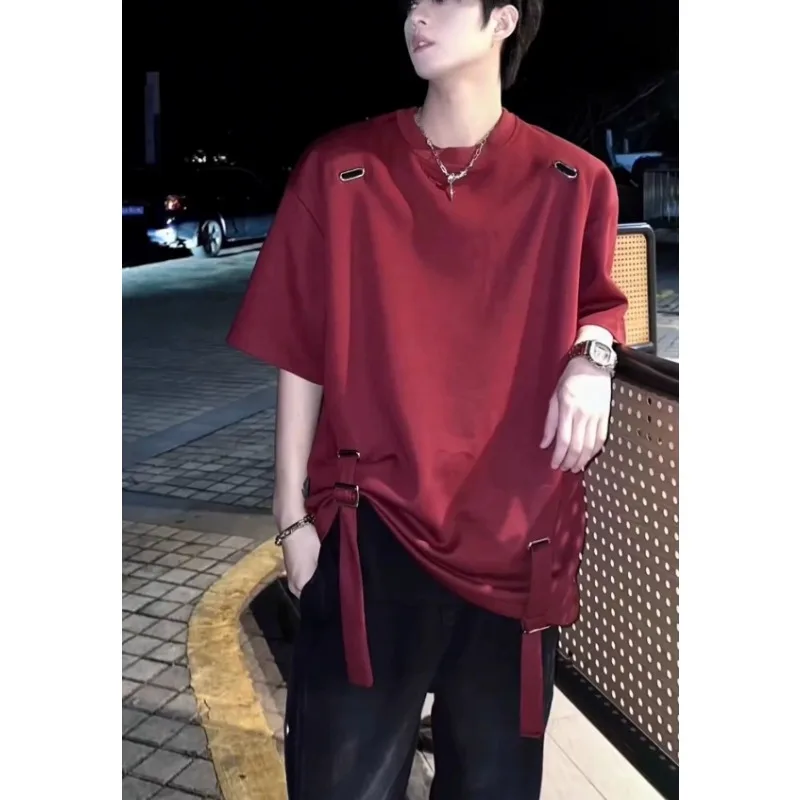 Mens Crew Neck Short Sleeve T Shirt Hollow Out Strap le Decor Loose Oversized Hip Hop Casual Top