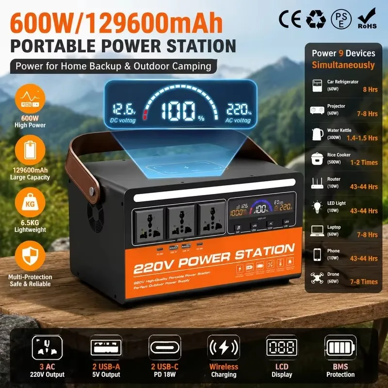600W Portable Power Station 220V AC Output Multi-purpose for Office Home Backup Emergency Powerbank Outdoor Camping