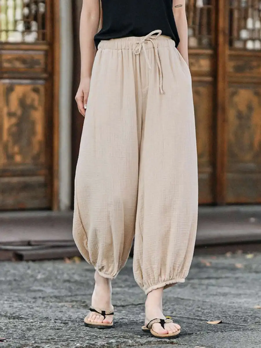 

New Pure Color Loose Cotton Linen Lantern Pants Men Summer Hanfu Tang Costume Nine Points Loose Large Size Casual Pants
