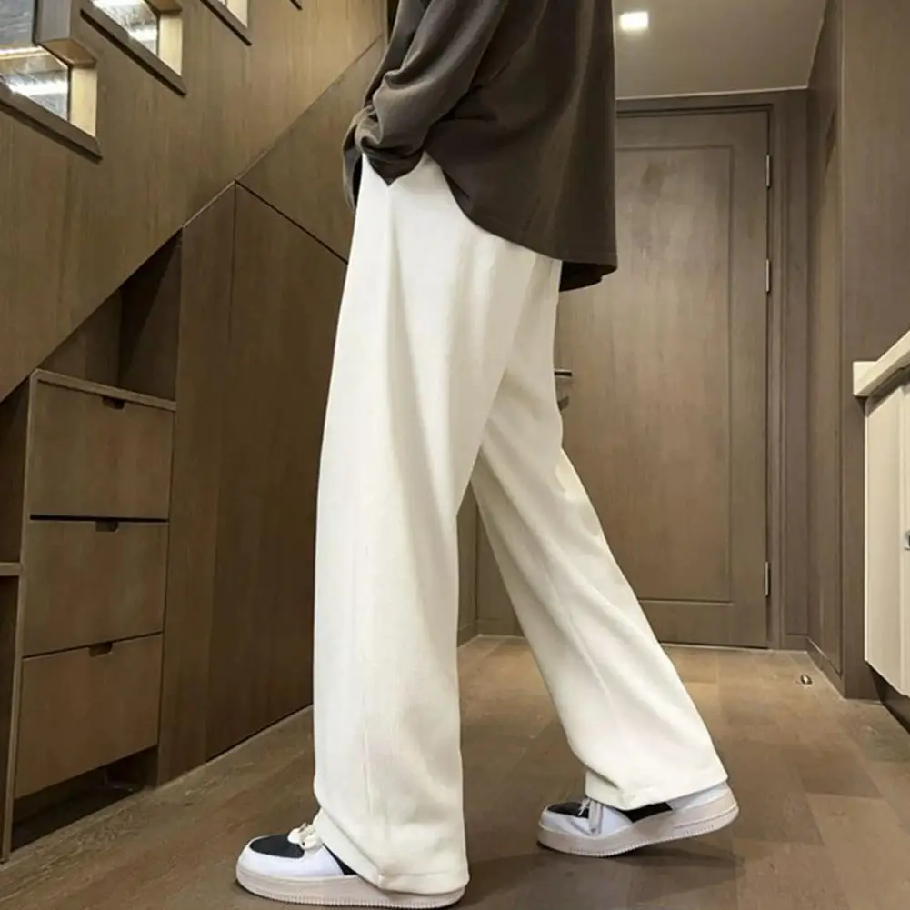 Drawstring Waist Pants Straight-leg Trousers Vintage-inspired Men's Winter Pants with Wide Legs Plush Lining Elastic for Comfort