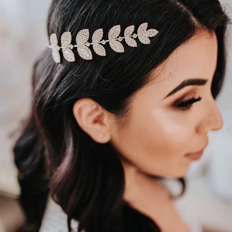 

New Crystal Leaf Headband for Bride Gold Plated Wedding Hair Accessories Fashion Jewelr