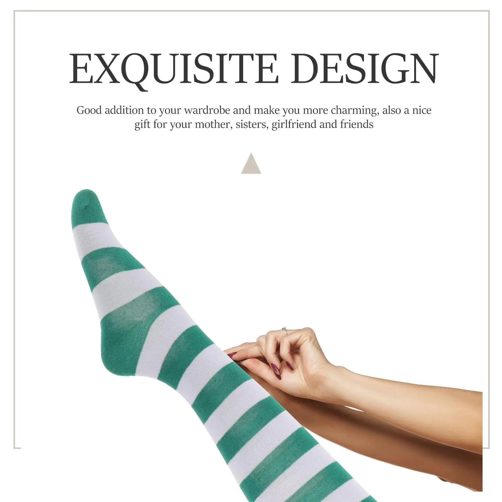 Grün-weiße, breite, gestreifte, oberschenkelhohe Strümpfe für Damen, Overknee-Socken, langlebige Polyester-Strumpfwaren, Beinbekleidung für Party, Festival – Detail 4