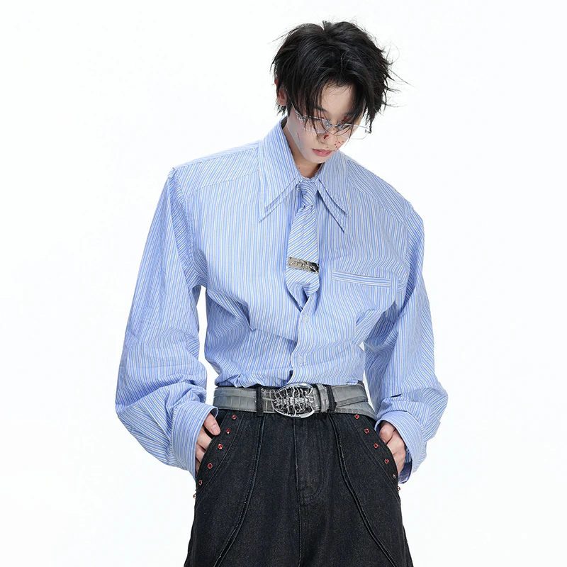 LUZHEN 2025 New Stylish Stripe Printed Double Layer Neck Long Sleeve Shirts Men's Luxury Elegant Original Niche Male Tops JY5891
