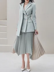 Fashion Women's 2 Pcs Set New Notched Double Breasted Blazer And High Waist Contrast Color Pleated Skirt Autumn O376