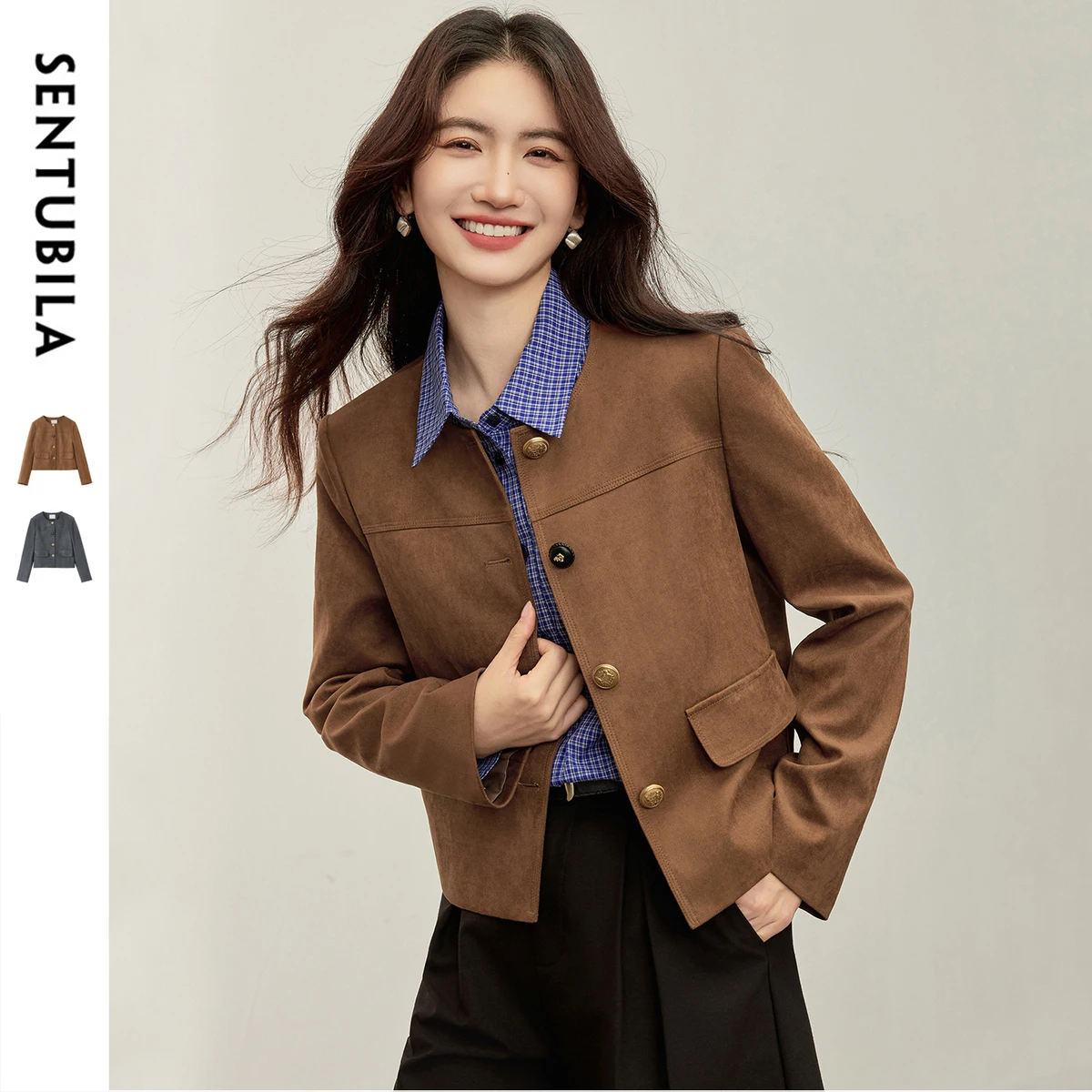 SENTUBILA Women Jacket 2026 Elegant Straight Long Sleeve Female Tops Velvet Embossed Button Coat 153W80383