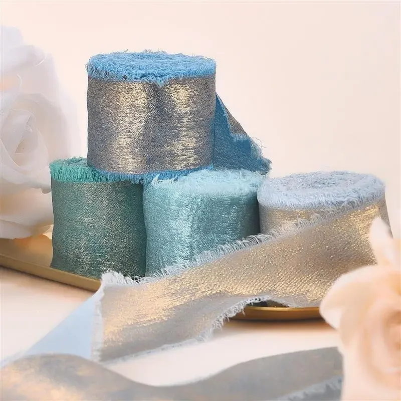 Handmade Frayed Edging Golden Silk Ribbon Cloth Ribbon For Wedding Invitation Wrapping Bouquets Birthday Party Decorations Gifts