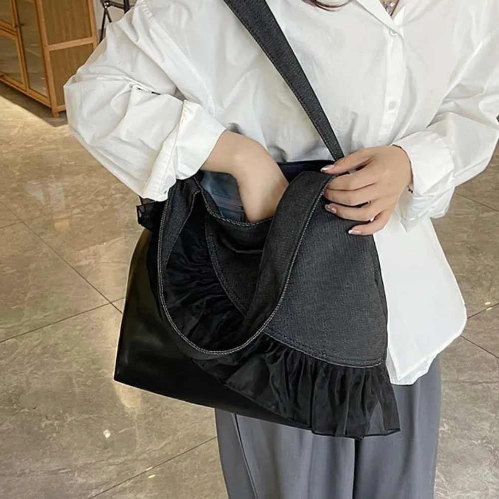 

Fashion Portable Denim Blue Tote Bag Black Korean Style Commuting Shoulder Pouch PU Magnetic Button Canvas Lace Handbag Daily
