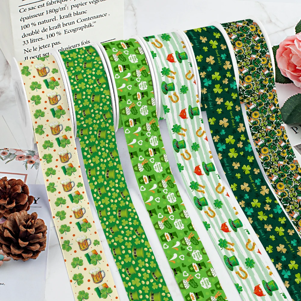 St. Patrick \'s Day Green Designs Printed Grosgrain Satin Ribbon for Gift Wrapping Hair Bow Craft Accessory 50 Yards