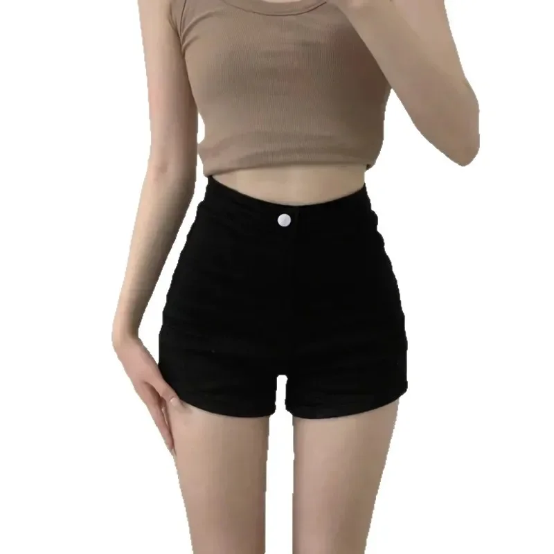 Preto sexy curto jeans shorts feminino verão ao ar livre cintura alta elástica emagrecimento perna longa a-line calças quentes na moda mistura de algodão lo
