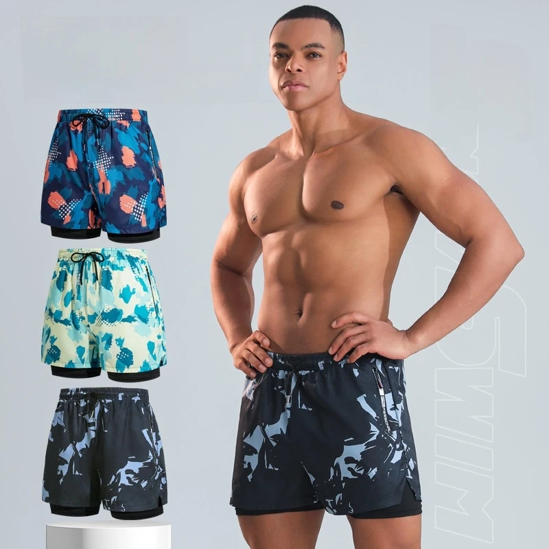New Men Swimwear Double Layer Quick Dry Men Boxer Swim Trunks Swim Set For Adults Beach Swimming Spa 2026