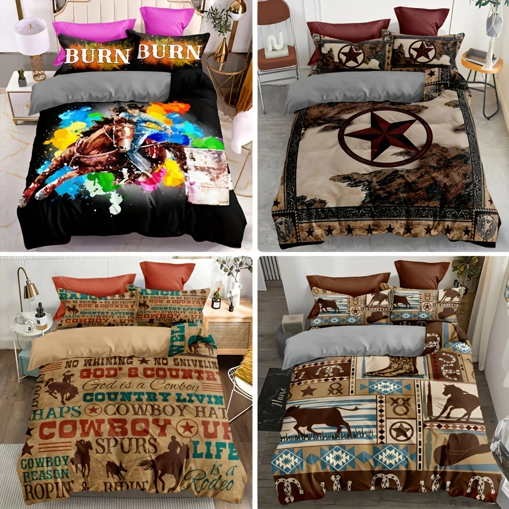 [chousse-de-couette-western-cowboy]-3-pieces-ensemble-de-housse-de-couette-western-cowboy-knight-sans-remplissage-fermeture-eclair-polyester-lavable-en-machine