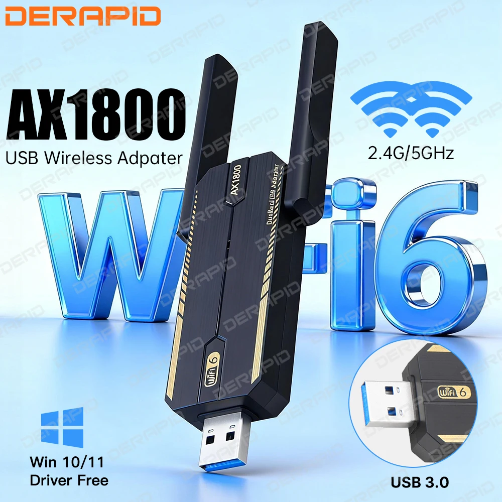 Dual Band USB WiFi 6 AX1800 Adapter 2.4G/5GHz USB 3.0 Receiver Dongle Wireless Network Card for PC Laptop Driver Free Win10/11