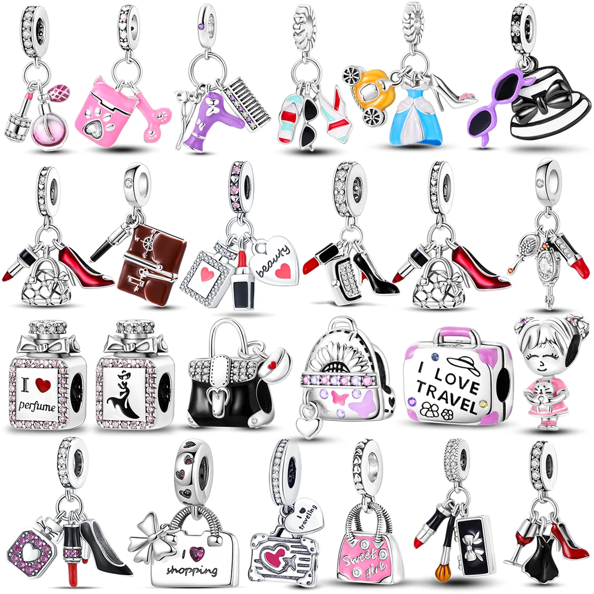 Silver Plated Ladies' Preference Charms Perfume Beads High Heels Lipstick Pendant Fit Original Pandora Bracelet DIY Jewelry