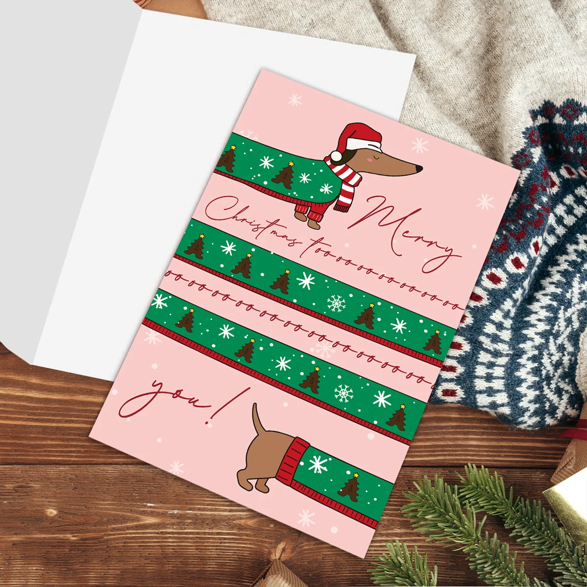 1 Stück, niedliche Weihnachtskarte mit einem langen Würstchenhund-Motiv, mit der Botschaft „Frohe Weihnachten für Sie“, ein Geschenk für Familie und Freunde, ideal für den „Secret Santa“-Austausch. – Detail 5