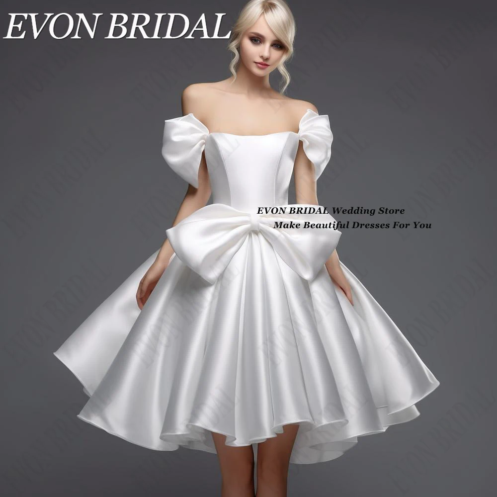 

EVON BRIDAL White Princess Prom Gowns With Bow Wedding Party Dresses Short Knee-Length Satin Strapless вечернее платье женское