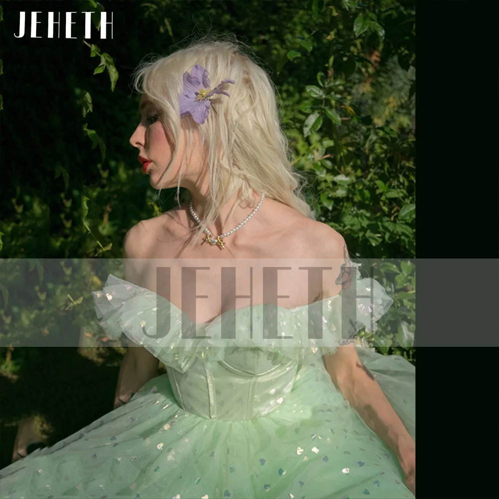 JEHETH Light Green Off Shoulder Heart Print Prom Dress Fairy Pastoral Sweetheart A Line Backless Graduation Evening Party Gown