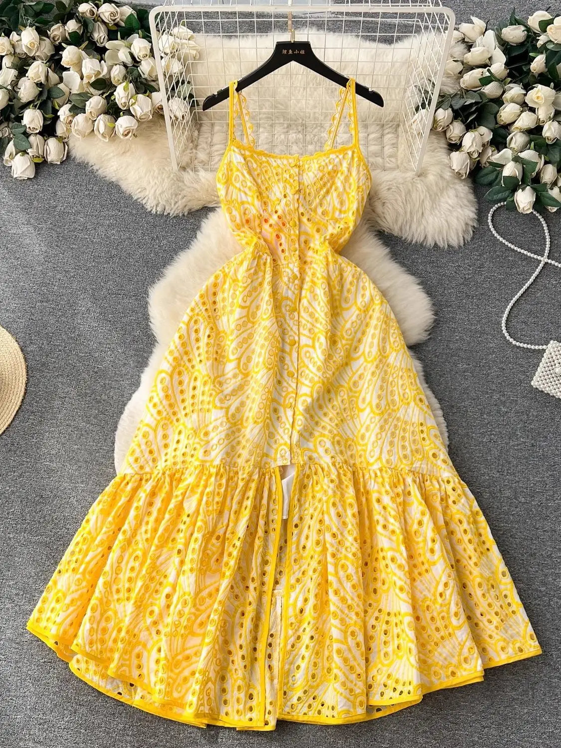 Summer Holiday Embroidery Cotton Long Dress Women's Strap Sundress Sexy Hollow Out Backless Single Breasted Ruffle Midi Vestidos