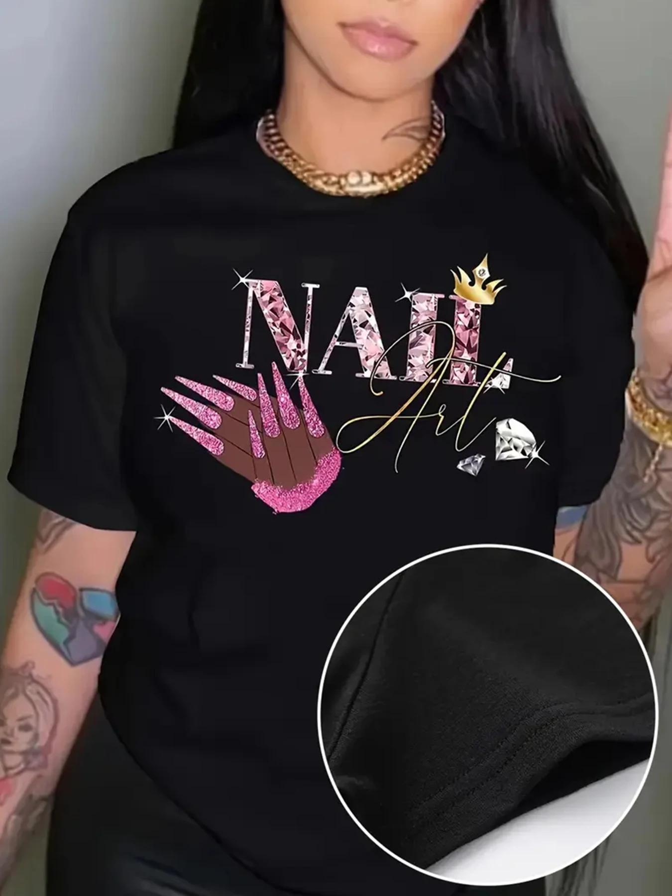 

NAIL art letters and cartoon nail hand pattern ladies short-sleeved T-shirt summer top fashion women clothing