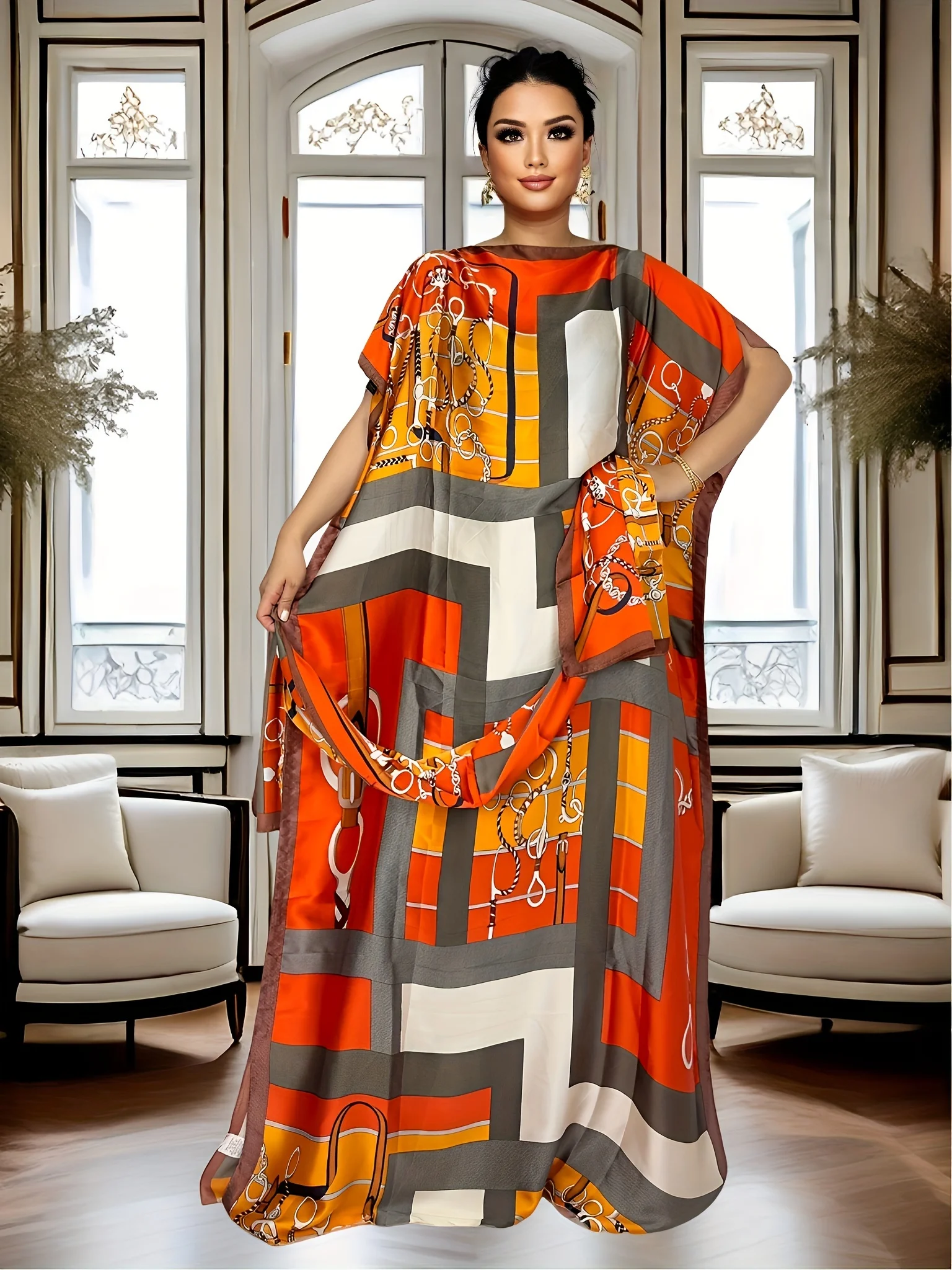 Robe de soirée à géométrie florale pour femmes, Style Vintage, Maxi, manches chauve-souris, longueur au sol, robe de soirée pour femmes