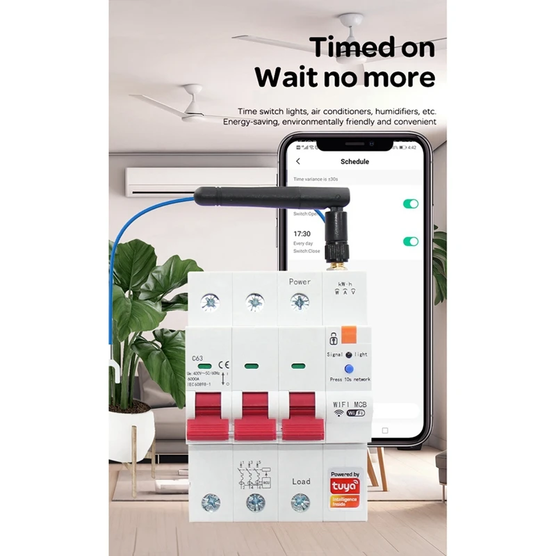 Tuya 스마트 와이파이 RS485 MCB 차단기, 선불 계량기 타이머 스위치, 전압 전류 보호대 음성 제어, 63A 조절 가능 내구성, 3P + N