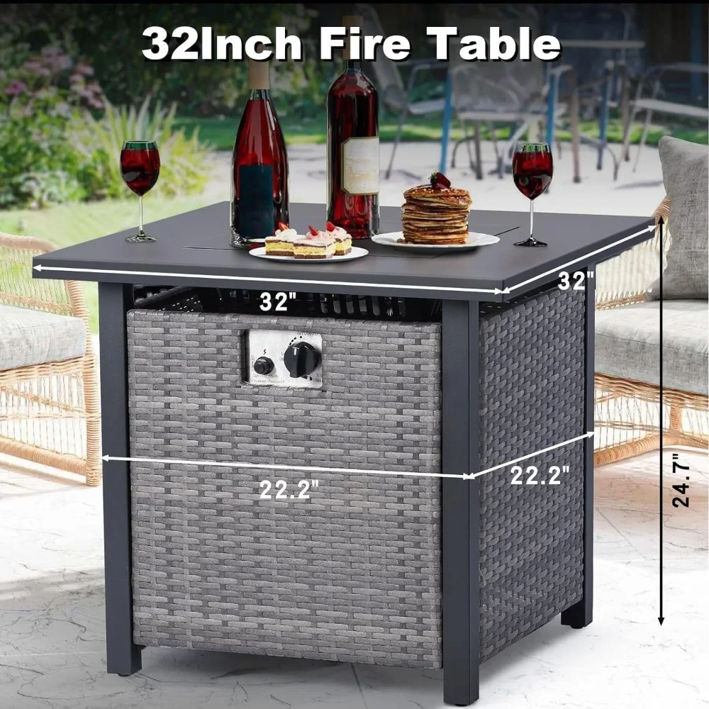 32Inch Fire Pit Table with Steel Lid, PVC Cover & Blue Fire Glass, CSA Safety Certified, 50,000 BTU Gas Fire Pit