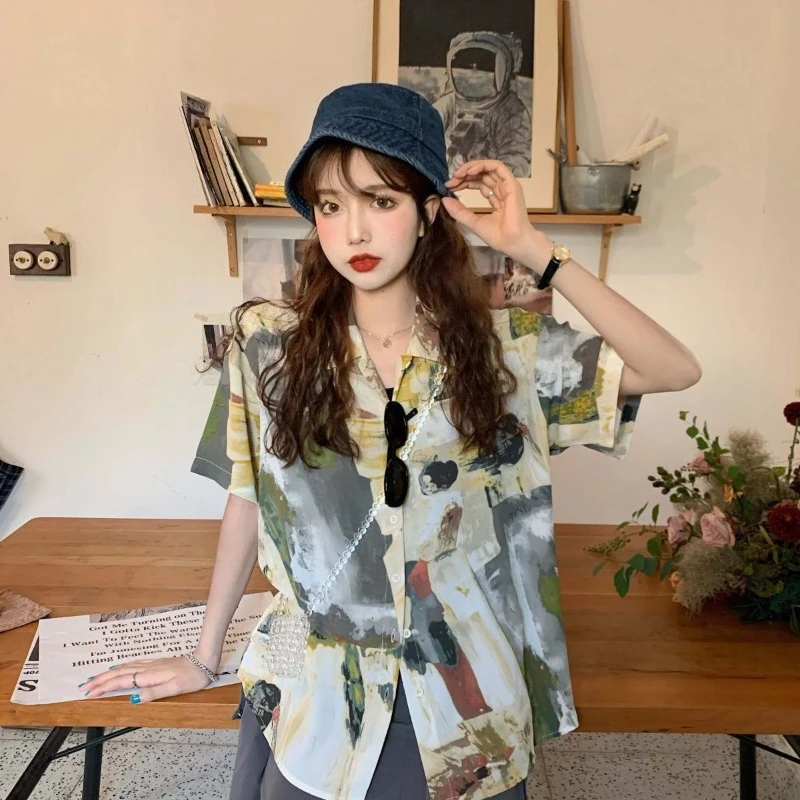 

Vintage Hand Painted Oil Painting Shirt Salt Style Streetwear Blouse Aesthetic Loose Top Artistic Grunge Button Down for Women