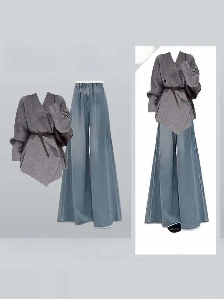 Maglione invernale Faion da donna Pantaloni in denim a vita alta Set da due pezzi V-Ne increspato in vita Abito lungo Sve Color