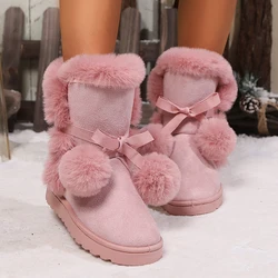 Sweet Pink Furry Non Slip Snow Boots Women 2025 Winter Warm Fluffy Fur Flats Ankle Boots Cute Pom-Pom Designer Girl's Shoes 41