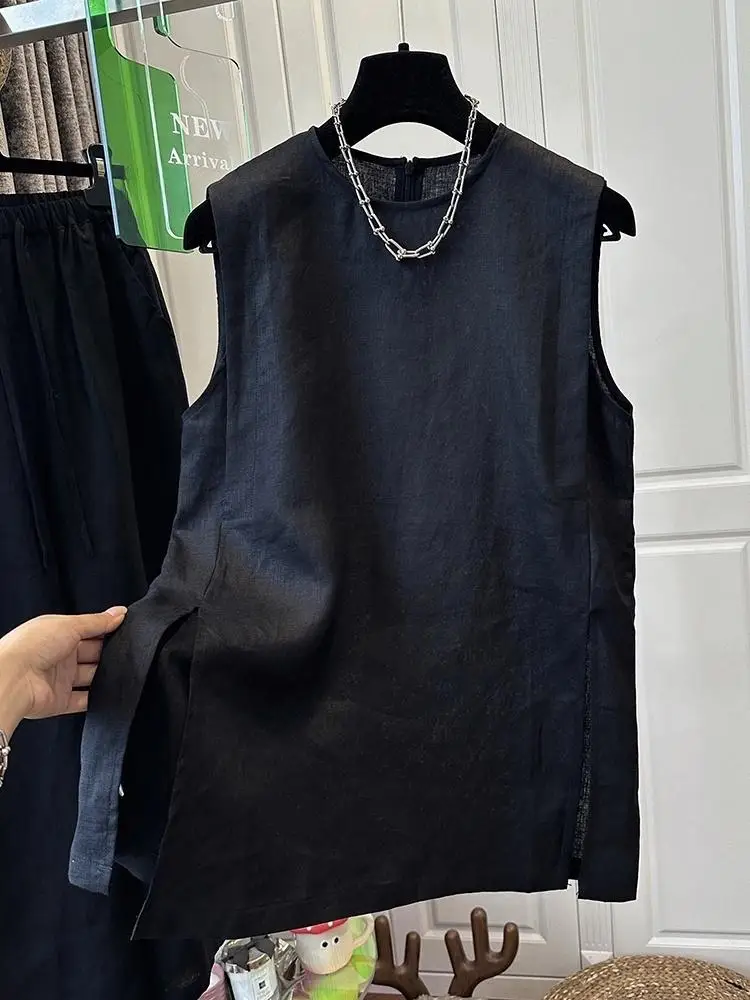 SuperAen 2025 Summer New Thin Navy Blue Sleeveless Pullover Vest Temperament Simple Loose Wide-leg Pants Fashion Two Pieces Sets