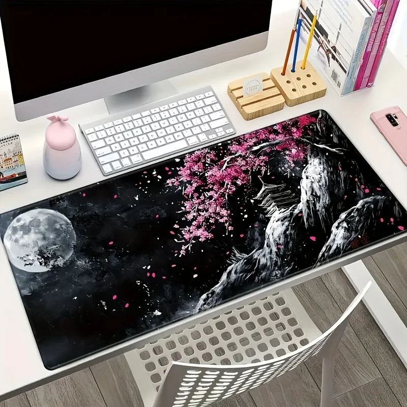 Dark Cherry Blossom & Moon Gaming Mouse Pad, Large Non-Slip Desk Mat with Japanese Night Landscape for Gamers & Home Office