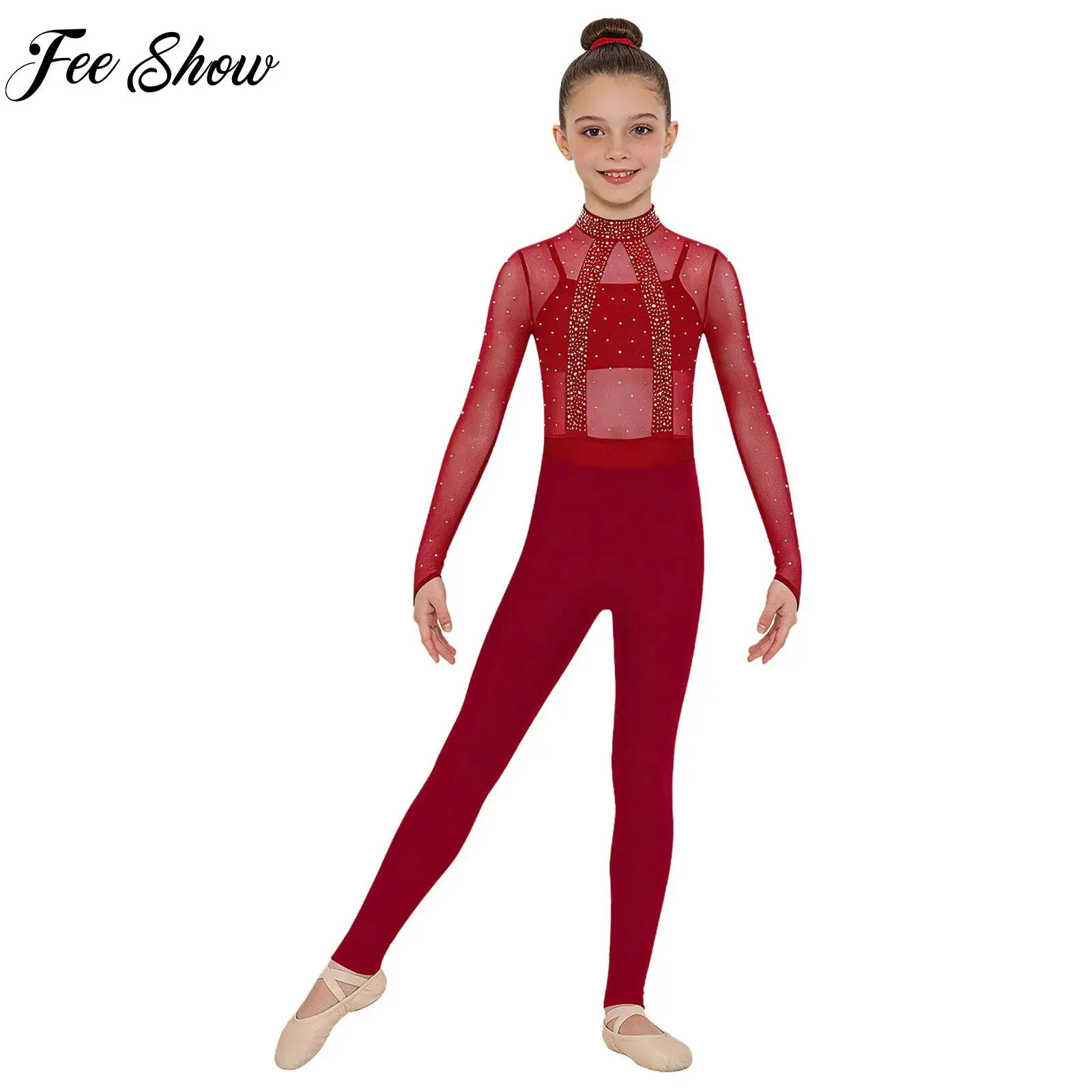 Kids Girl Skating Gymnastics Ballet Dance Costume 4-piece Long Sleeve Rhinestones Mesh Bodice Leotard+Camisole+Leggings+Hairband