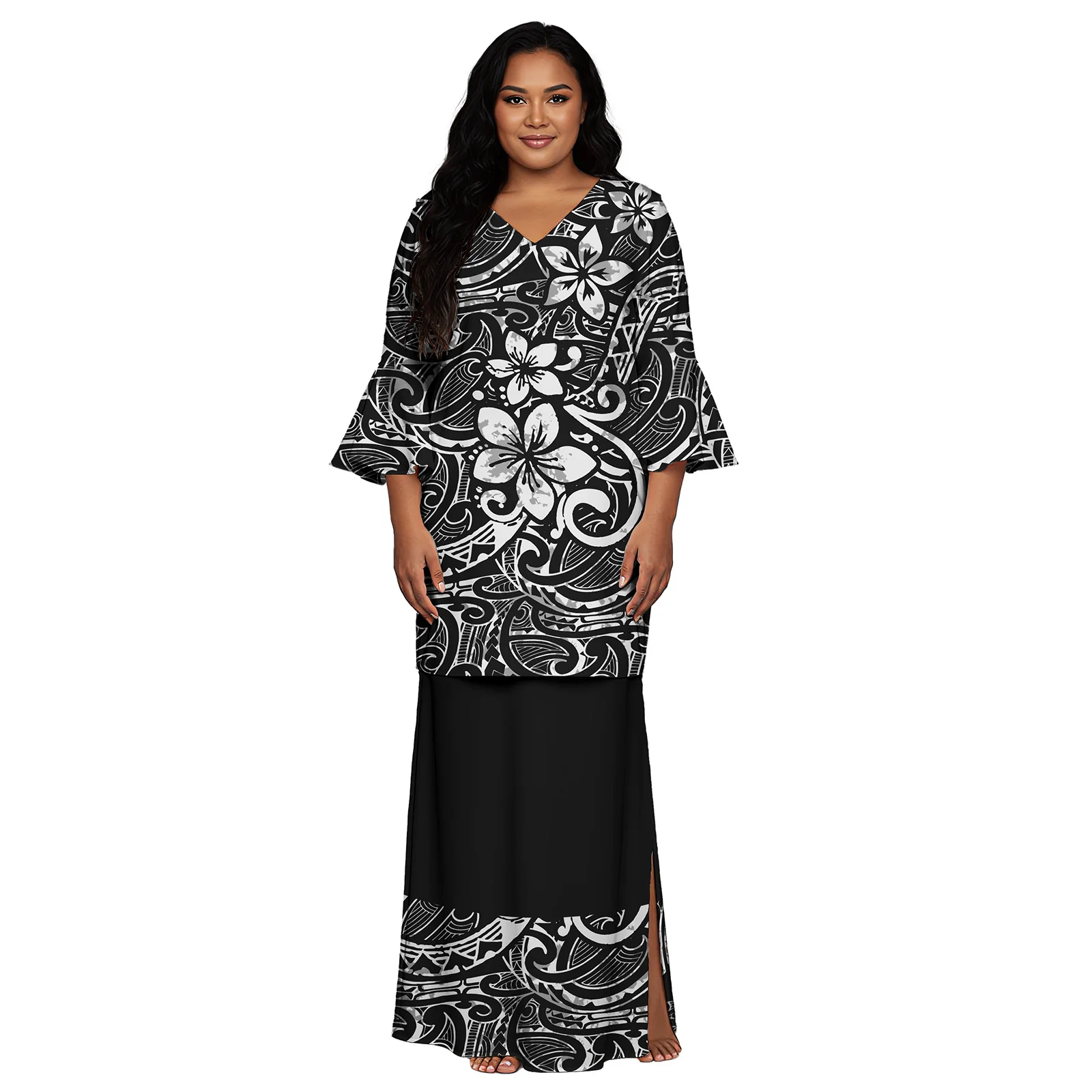 Holiday Polynesian Ladies Tribal Tapa Fiji Hawaiian Print Puletasi Long Flare Sleeve Samoan V-Neck Women's Puletasi 2 Piece Set