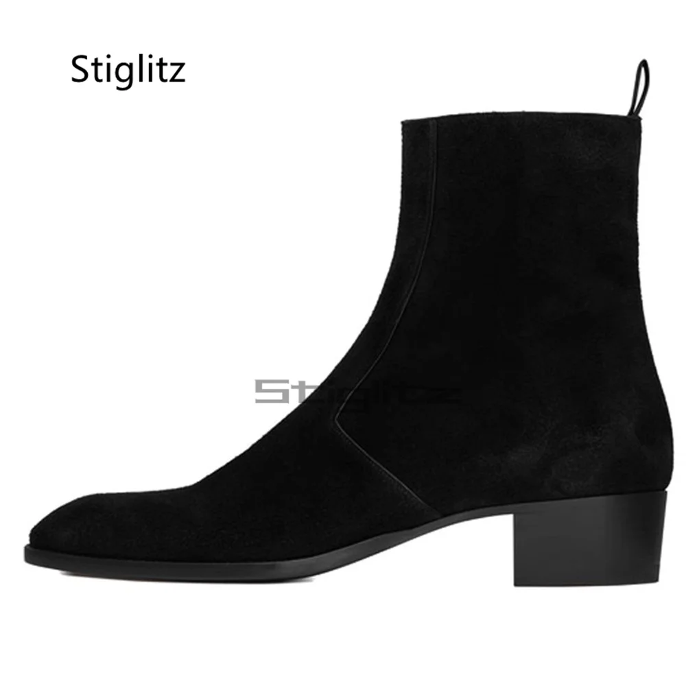 جلد الغزال الرجال تشيلسي الأحذية جولة تو الجانب سستة الكاحل الأحذية النمط البريطاني أزياء مريحة الدافئة الذكور الشتاء الأحذية #1