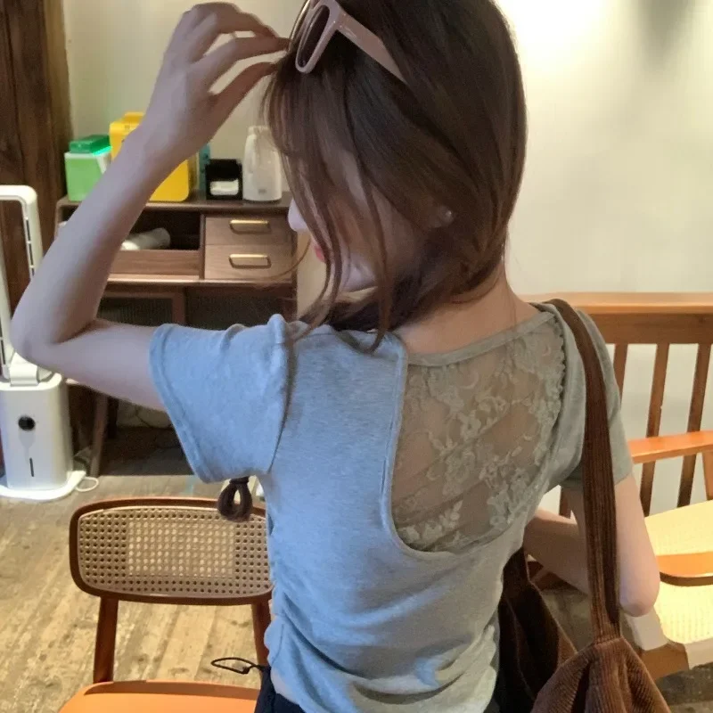 Korean Style Chic Threaded Short-sleeved T-shirt Summer 2025 New Trendy Lace Solid Color Short Waist Crew Neck Top