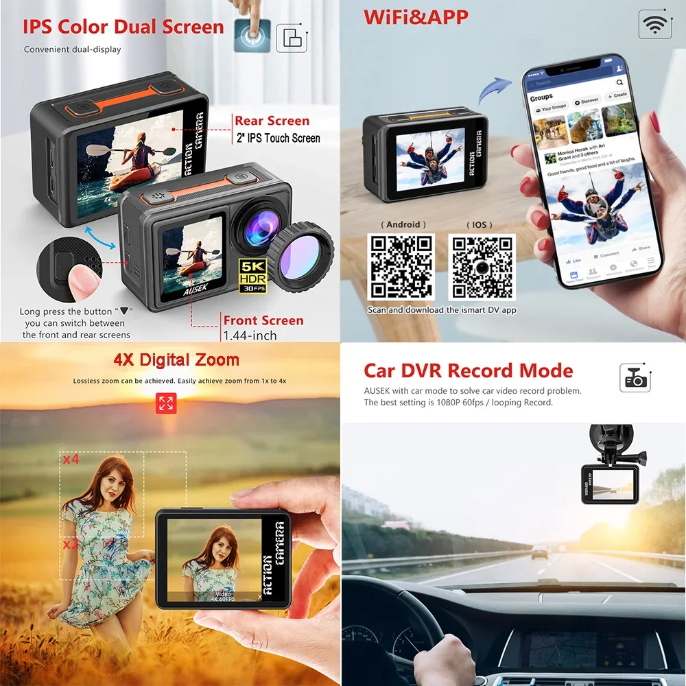 Actiecamera S81TRW 5K30FPS 4K60FPS 48MP DVR EIS 2 "IPS Dual Screen Optioneel 6 Filter Draadloze Microfoon WiFi Sportcamera