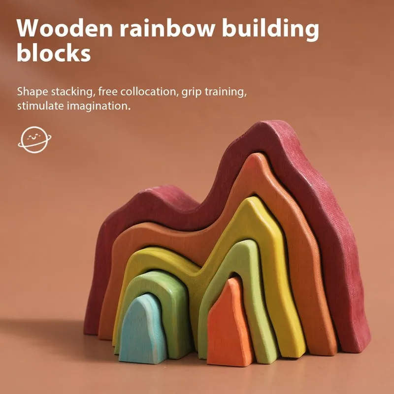 Montessori Irregular Blocks Stacking Balance Toy for Children Wooden Rainbow Blocks Education Learning Mountain Simulation Toy