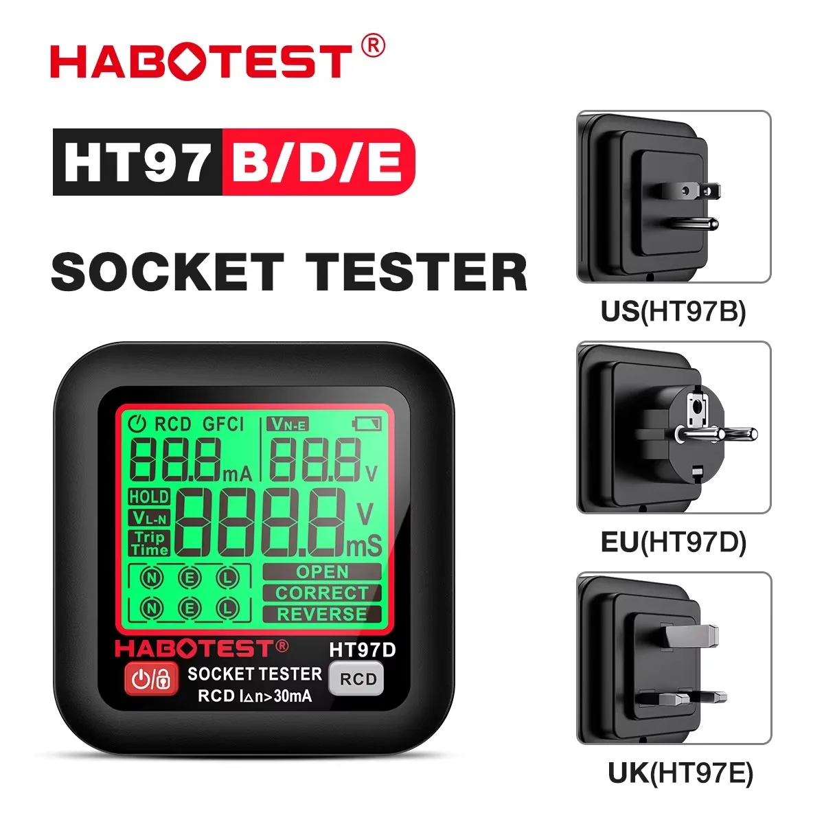 

HABOTEST HT97 цифровой тестер розеток умный детектор напряжения RCD GFCI Testr вилка ЕС США Великобритания большой дисплей инструмент для электрика