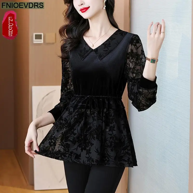 Black Lace Velvet Top Basic Wear Women Autumn Winter Elegant Office Lady Ruffles Shirring Shirts Retro Vintage Peplum Top Blouse