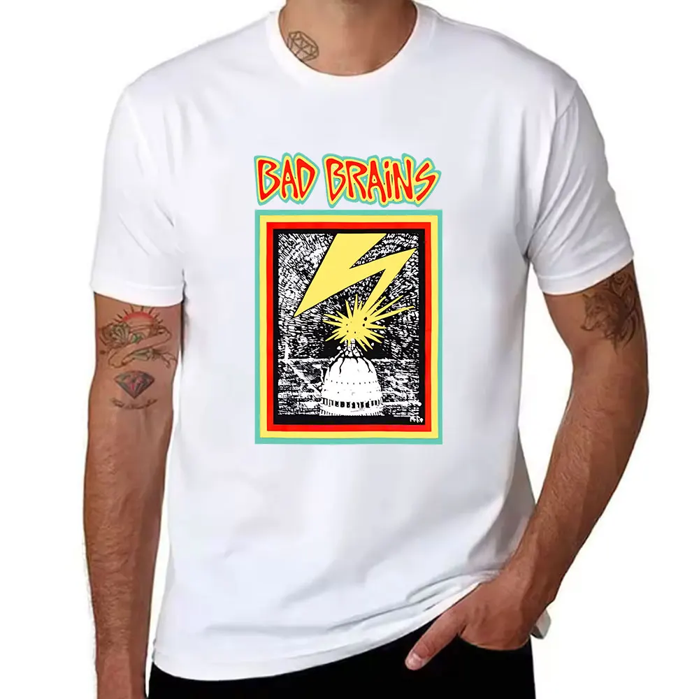 Men's Cotton Crew Neck T-Shirt with Lightning Strike Capitol Graphic Print, Retro Punk Style Casual Tee